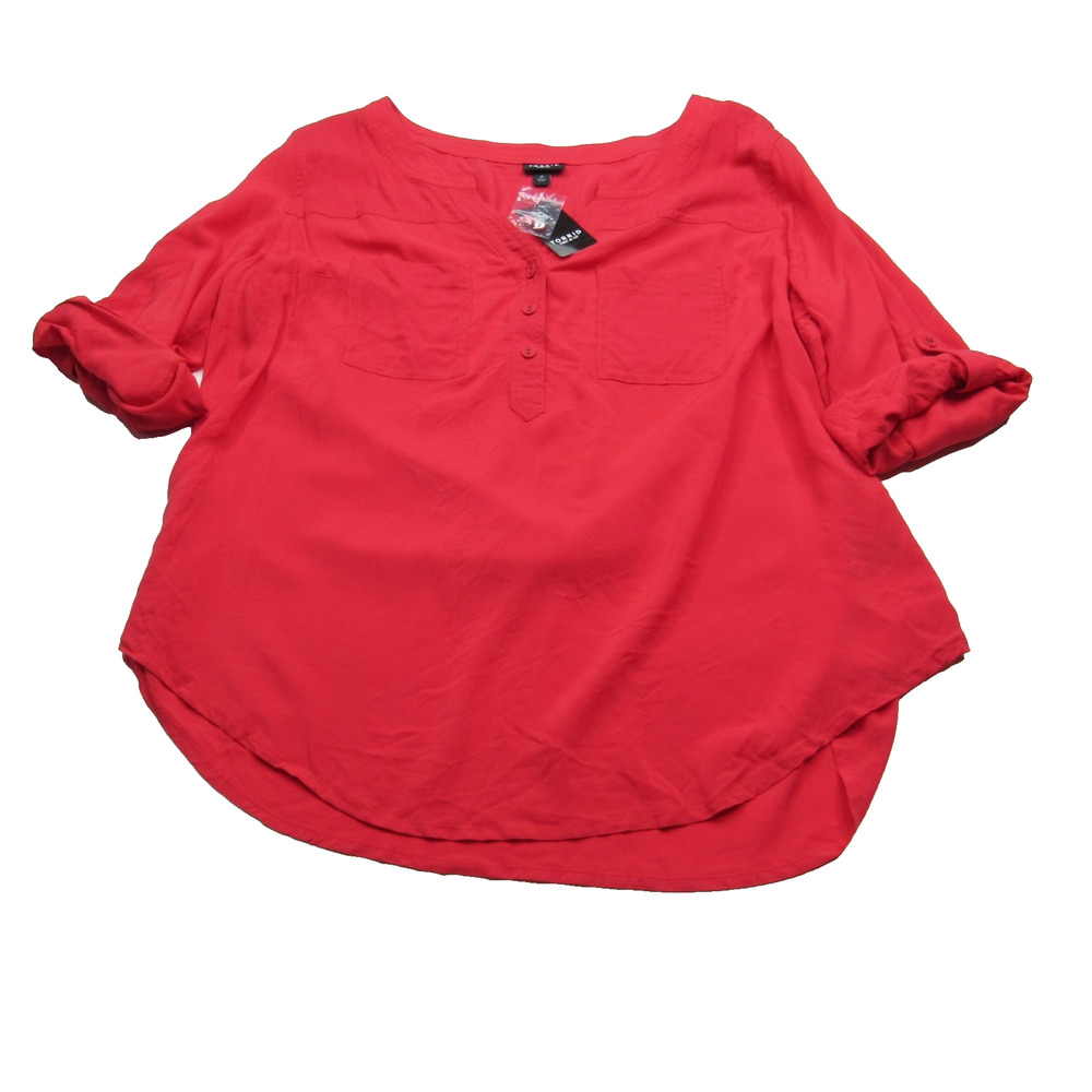 Torrid Harper Challis Top Size 0 Red Button Up 3/4 Roll Tab Sleeve Blouse New